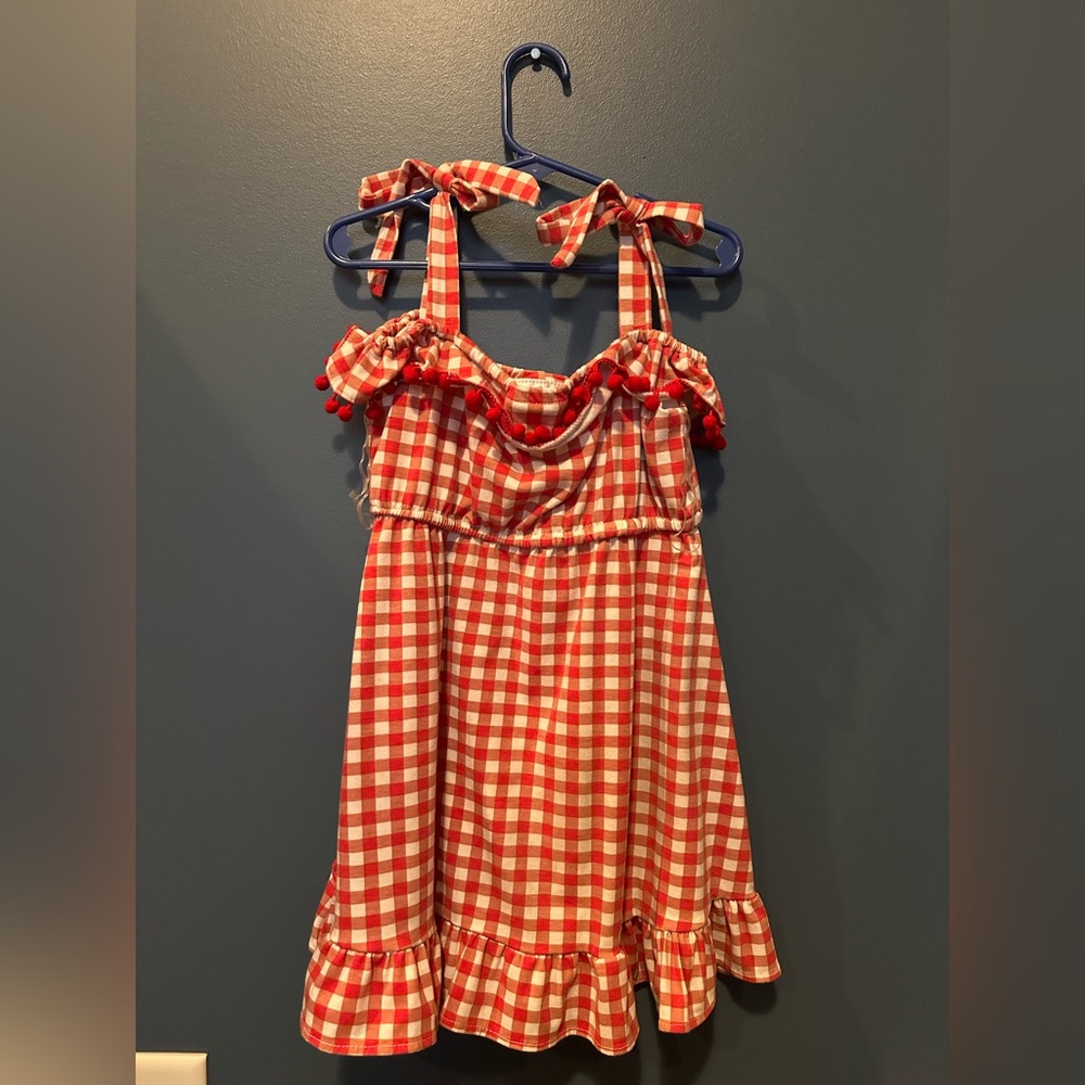 Red and White Checkered Dress with Ruffle Trim
